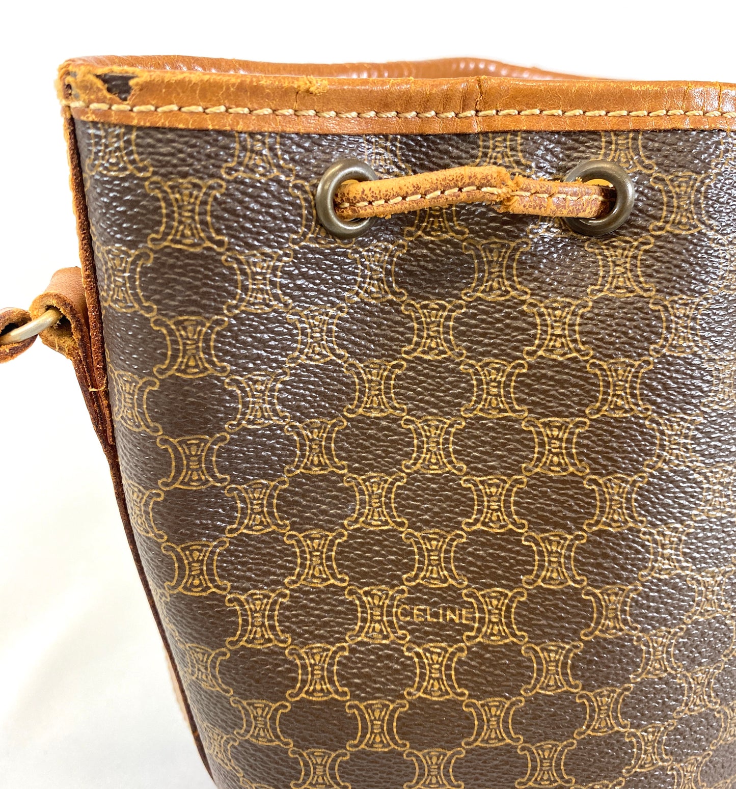 CELINE Shoulder Bag Drawstring Macadam Pattern Camel Authentic AA586