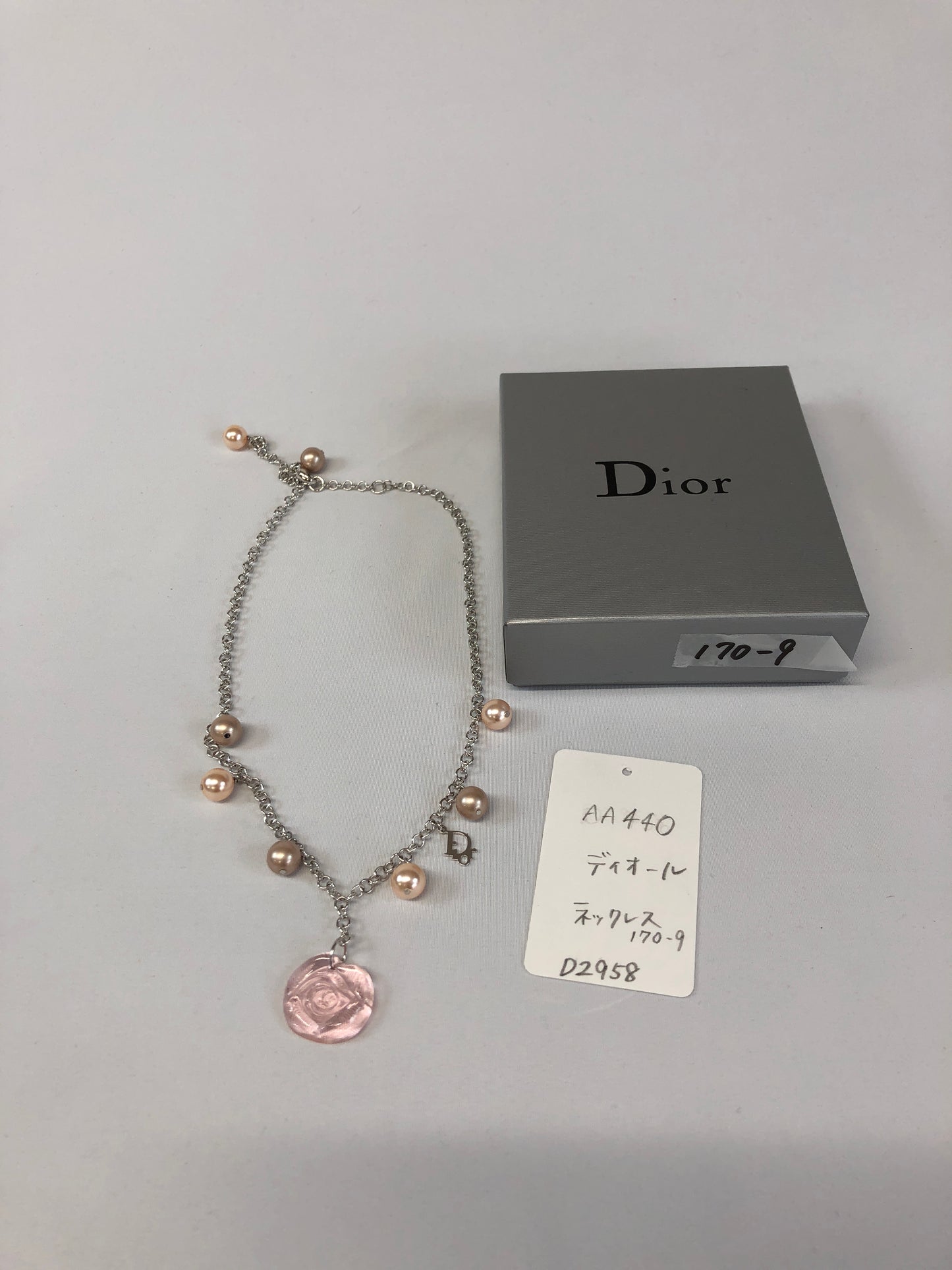 Dior Fake Pearl Necklace Metal Silver Authentic AA440