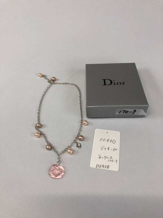 Dior Fake Pearl Necklace Metal Silver Authentic AA440