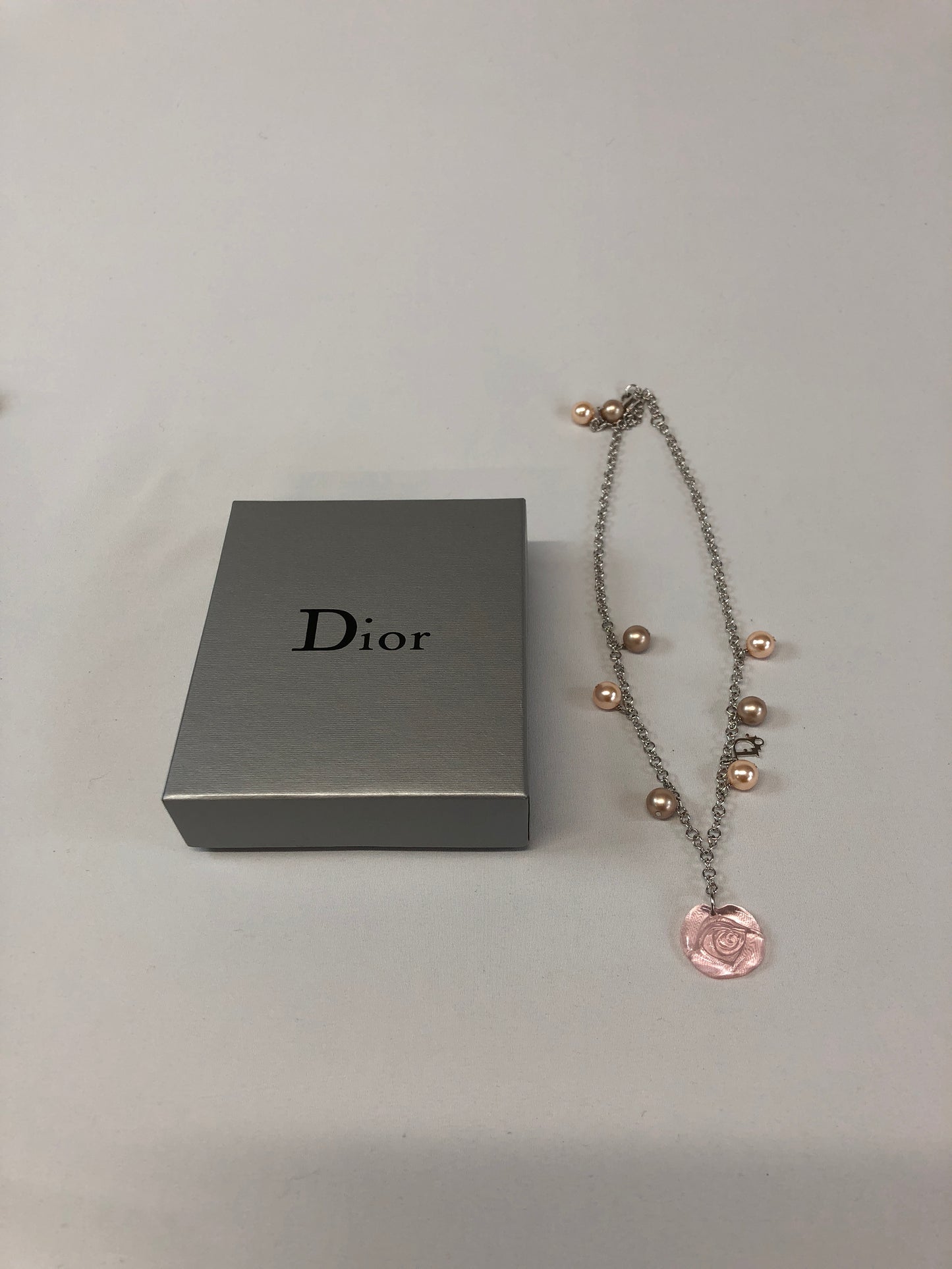 Dior Fake Pearl Necklace Metal Silver Authentic AA440