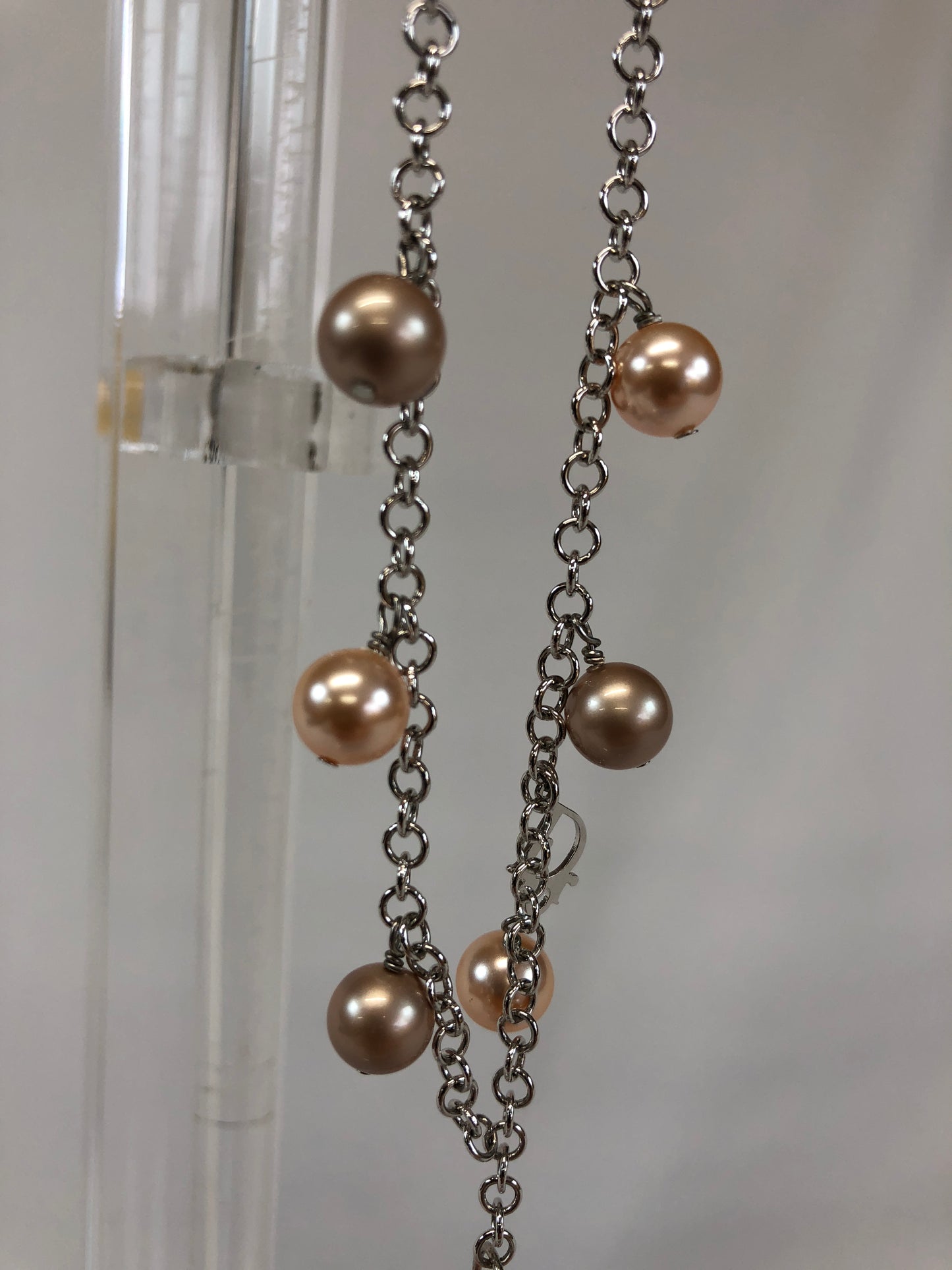 Dior Fake Pearl Necklace Metal Silver Authentic AA440