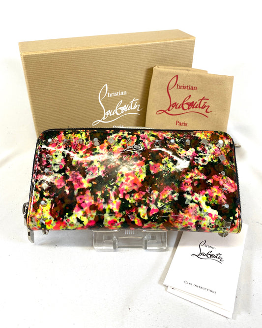 Christian Louboutin Round Zip Wallet Flower Multicolor Patent Authentic AA585