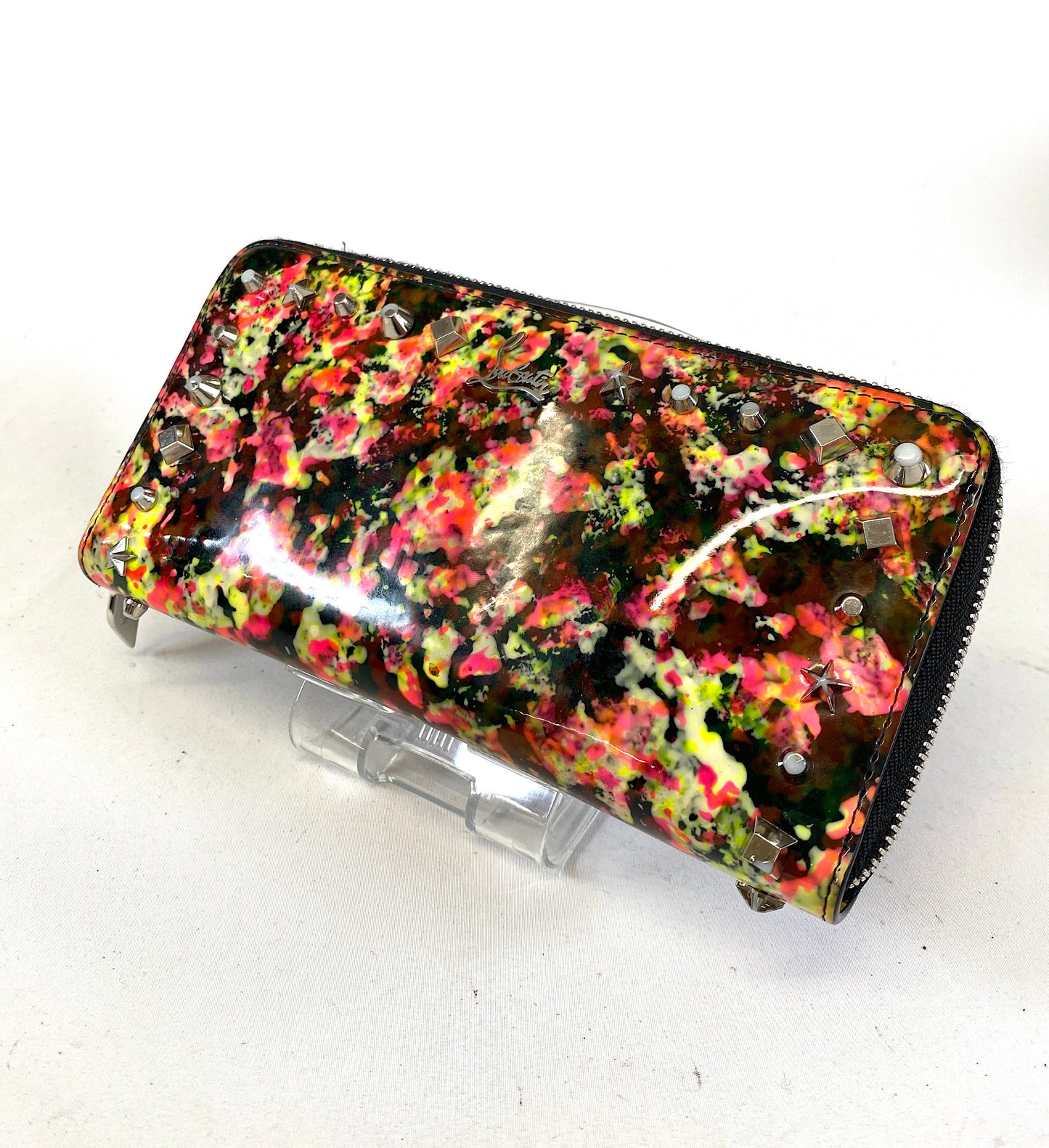 Christian Louboutin Round Zip Wallet Flower Multicolor Patent Authentic AA585