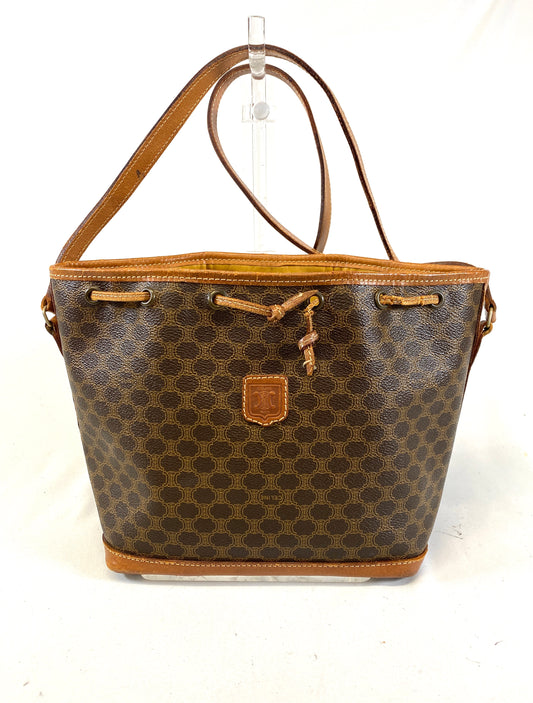 CELINE Shoulder Bag Drawstring Macadam Pattern Camel Authentic AA586