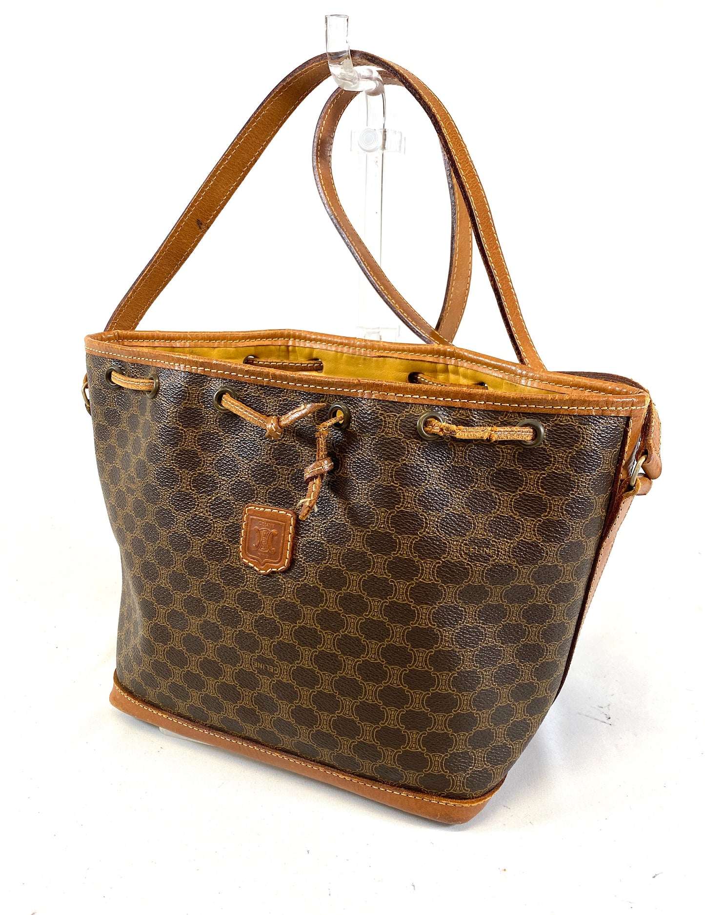 CELINE Shoulder Bag Drawstring Macadam Pattern Camel Authentic AA586