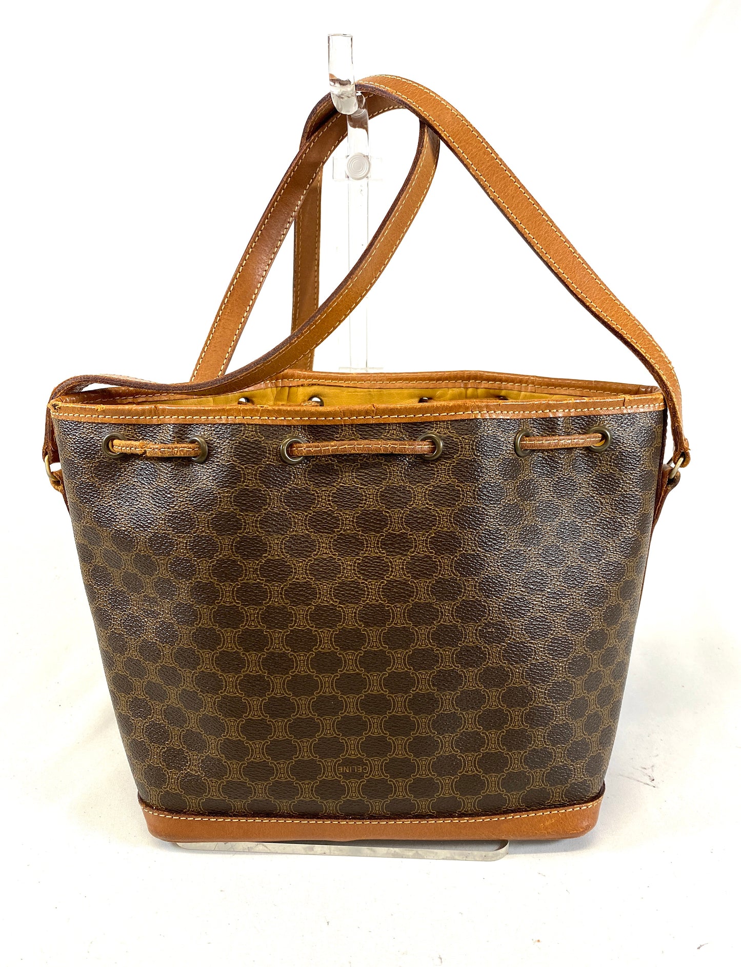 CELINE Shoulder Bag Drawstring Macadam Pattern Camel Authentic AA586