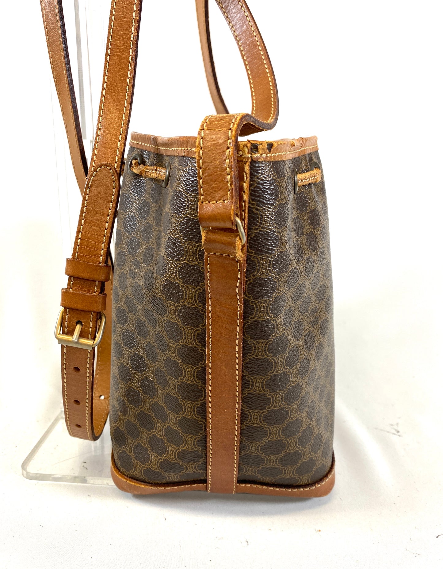 CELINE Shoulder Bag Drawstring Macadam Pattern Camel Authentic AA586