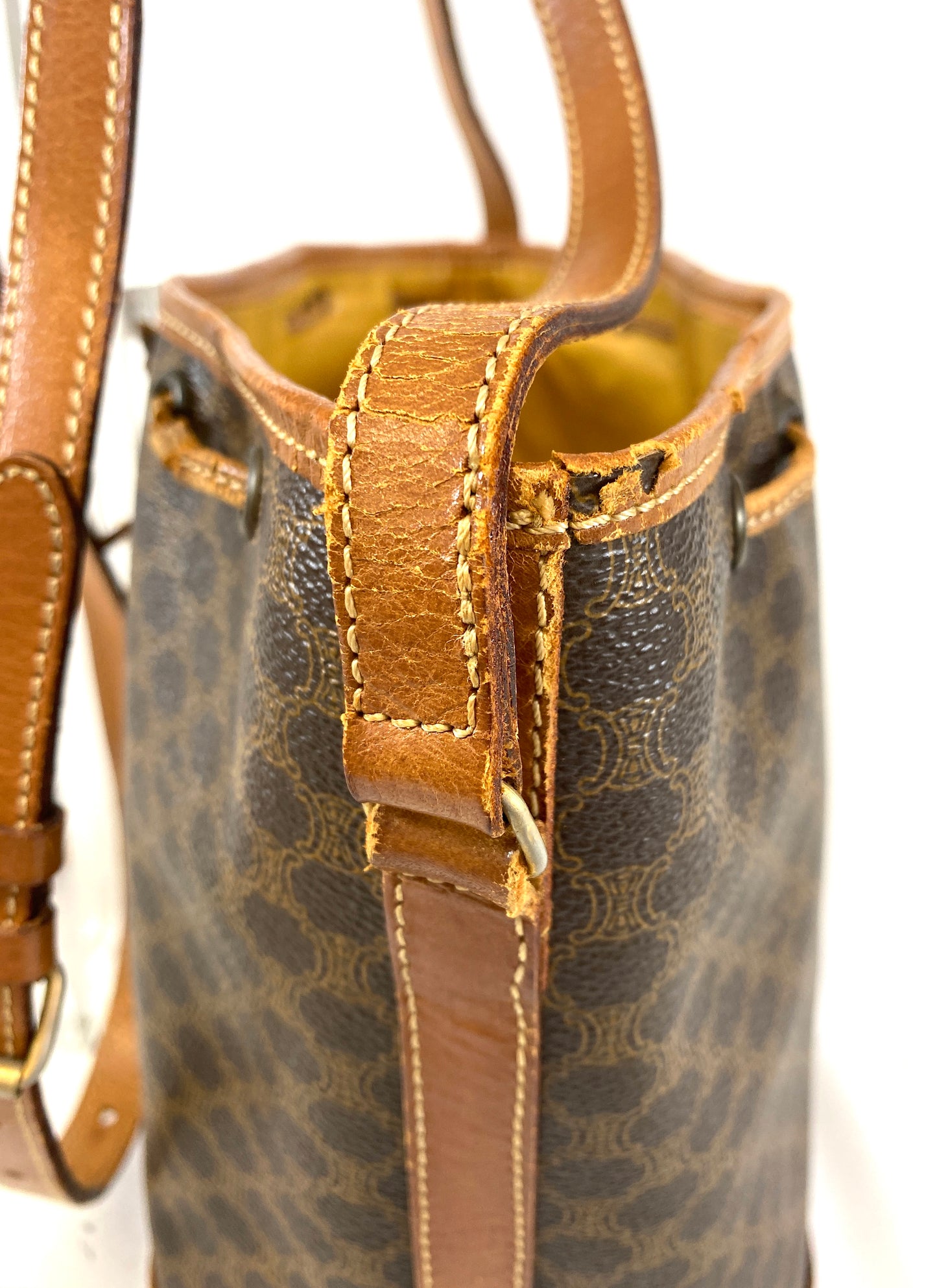 CELINE Shoulder Bag Drawstring Macadam Pattern Camel Authentic AA586