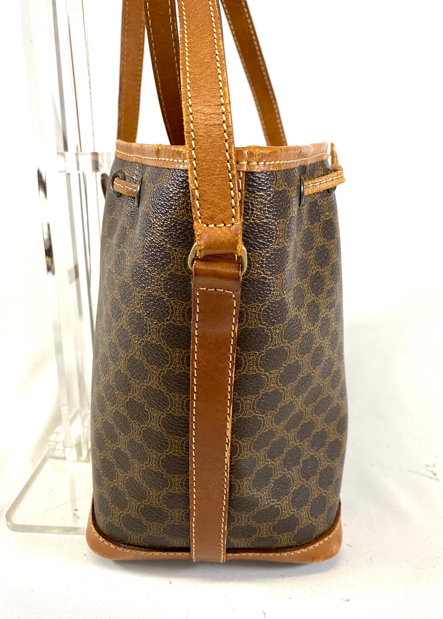 CELINE Shoulder Bag Drawstring Macadam Pattern Camel Authentic AA586