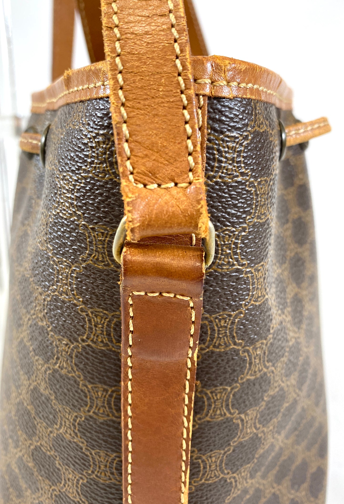 CELINE Shoulder Bag Drawstring Macadam Pattern Camel Authentic AA586