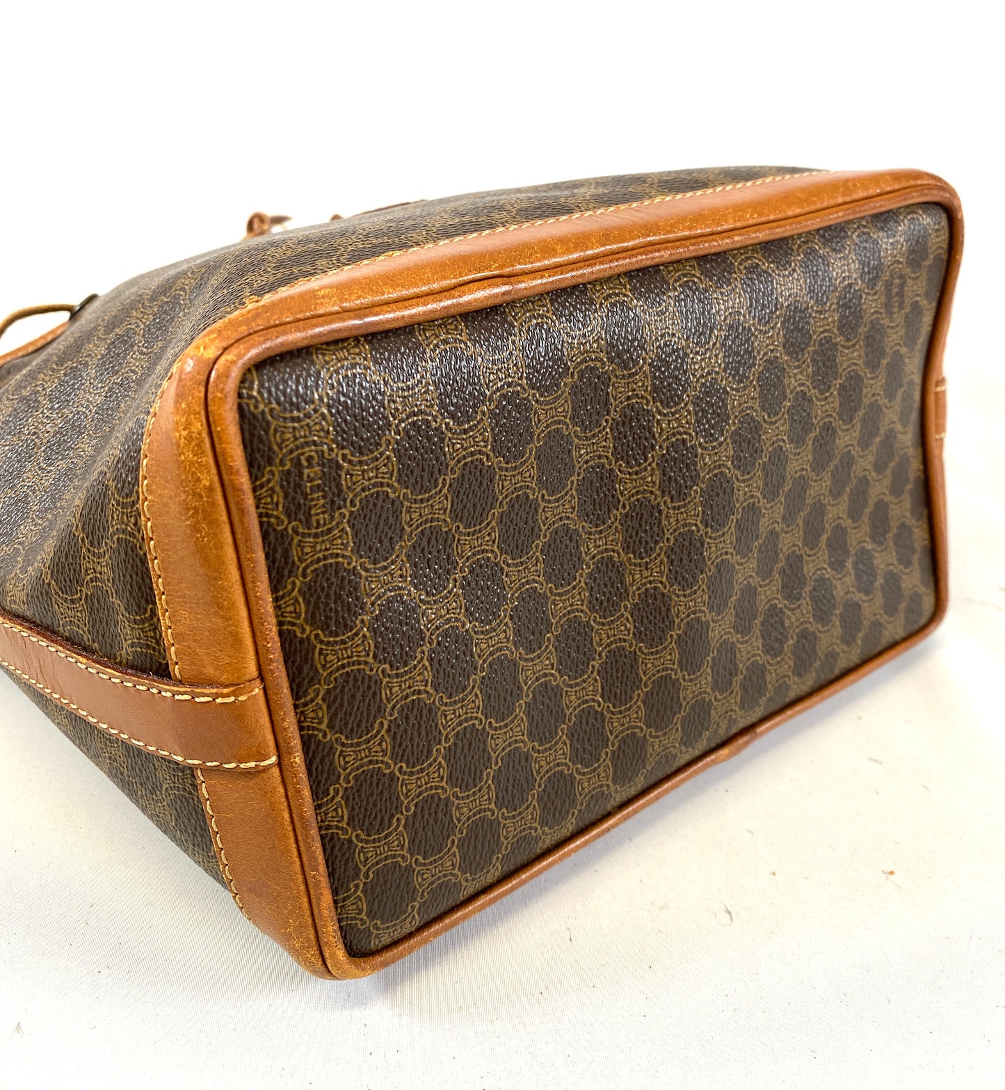 CELINE Shoulder Bag Drawstring Macadam Pattern Camel Authentic AA586