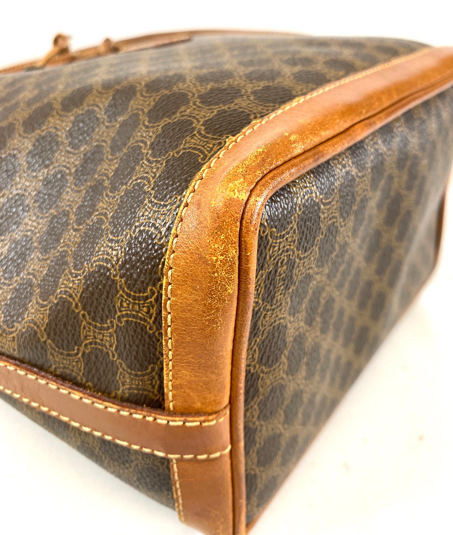 CELINE Shoulder Bag Drawstring Macadam Pattern Camel Authentic AA586