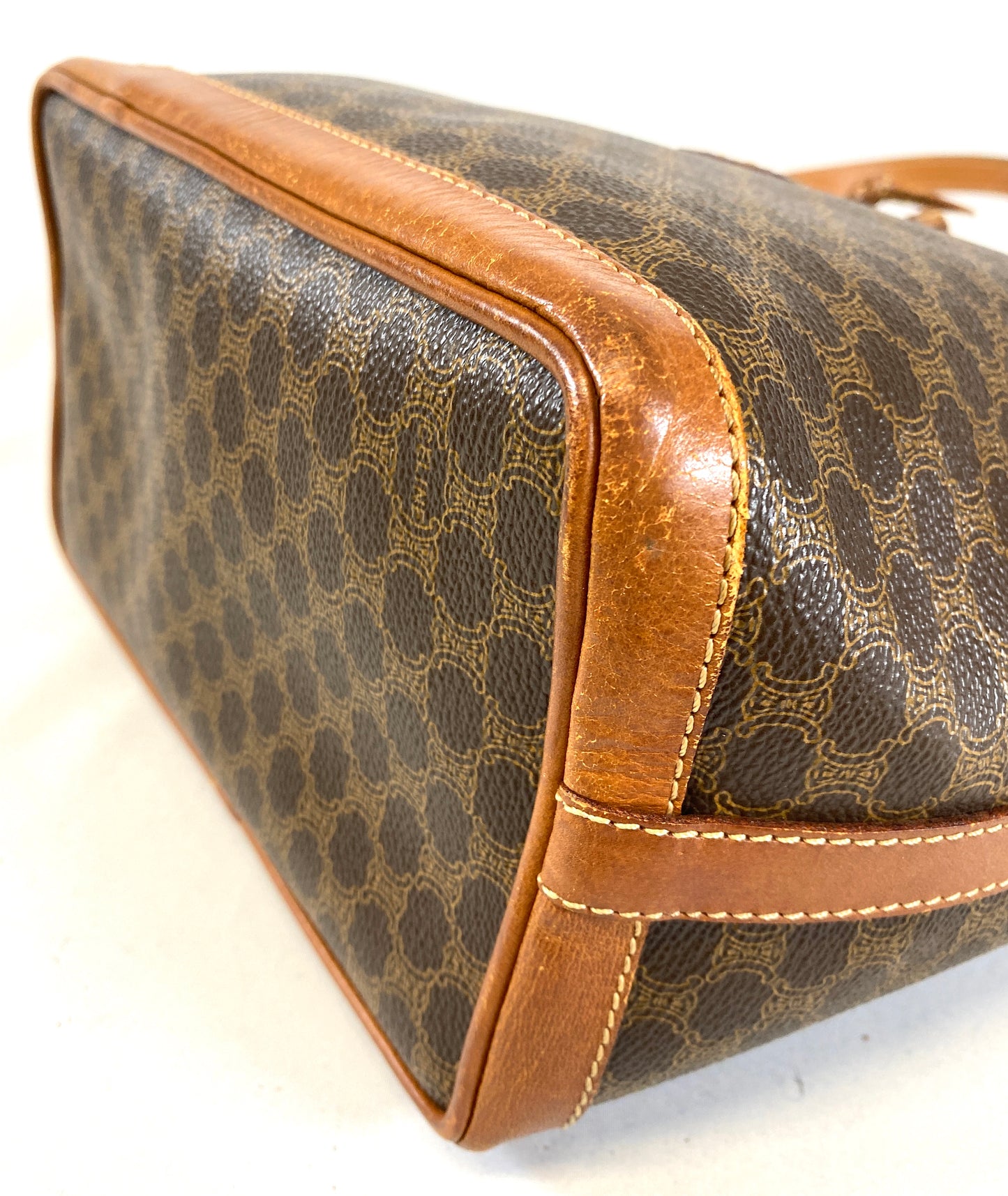 CELINE Shoulder Bag Drawstring Macadam Pattern Camel Authentic AA586