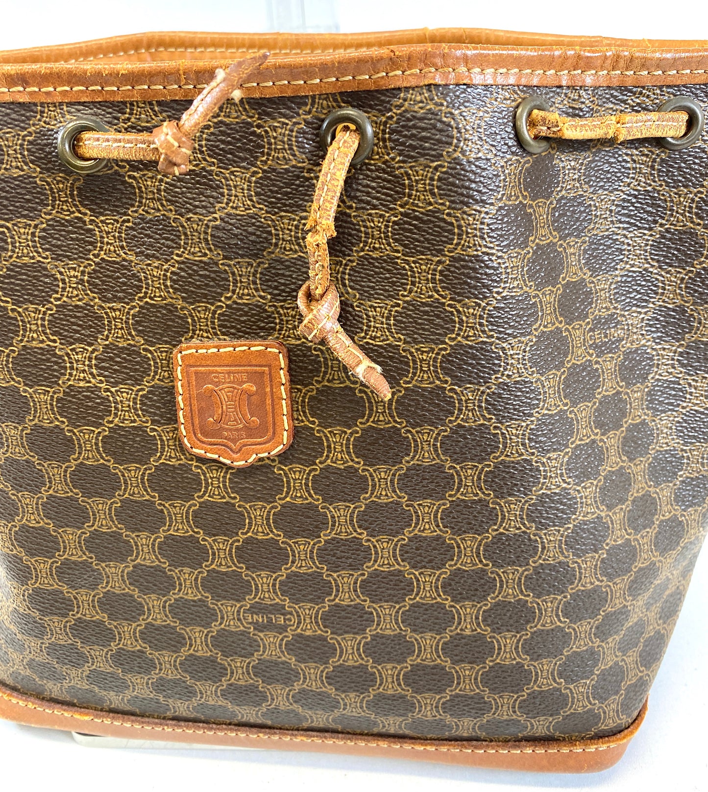CELINE Shoulder Bag Drawstring Macadam Pattern Camel Authentic AA586