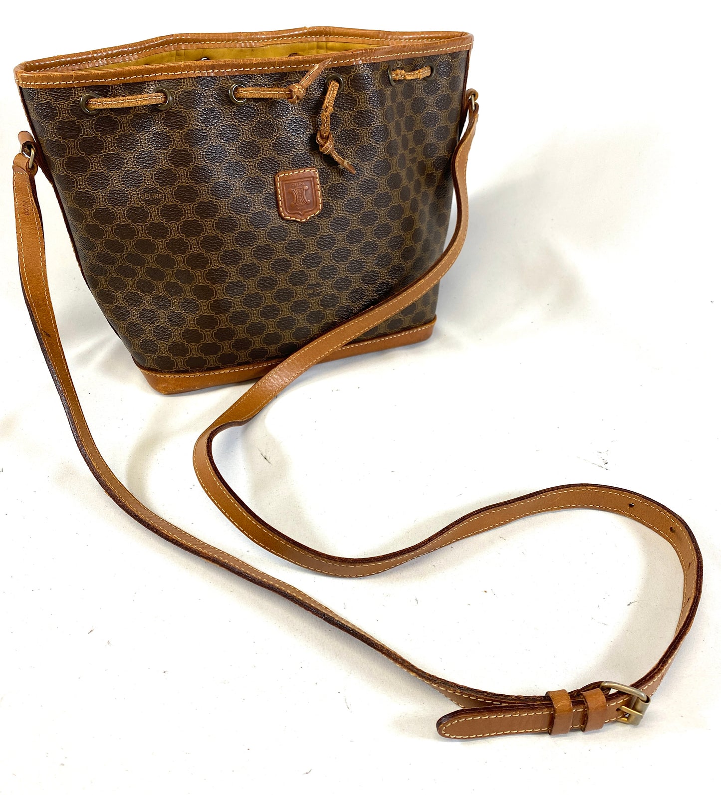 CELINE Shoulder Bag Drawstring Macadam Pattern Camel Authentic AA586