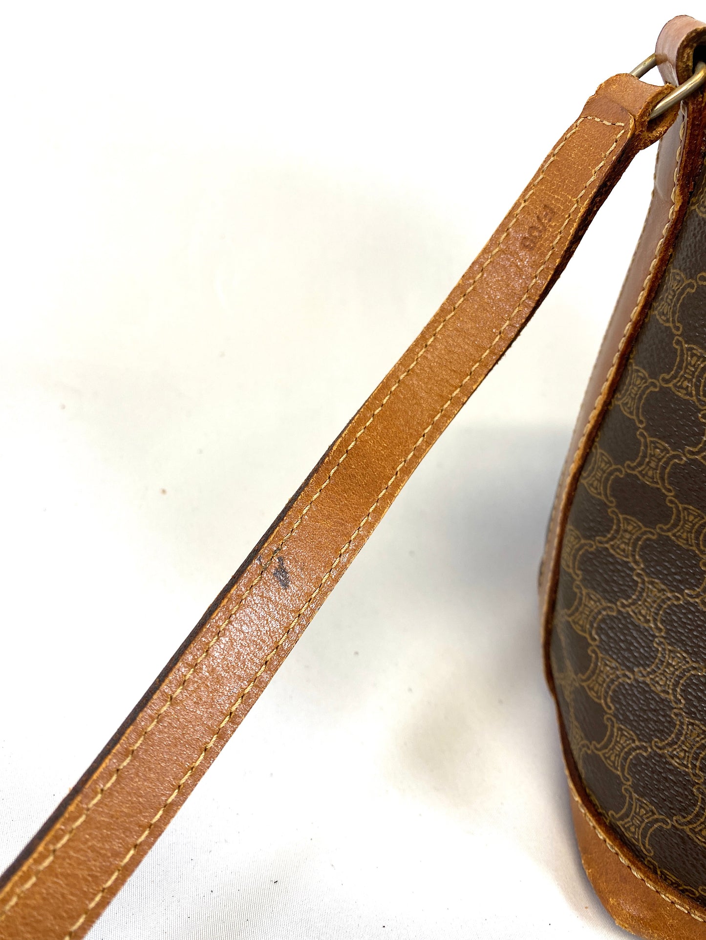 CELINE Shoulder Bag Drawstring Macadam Pattern Camel Authentic AA586