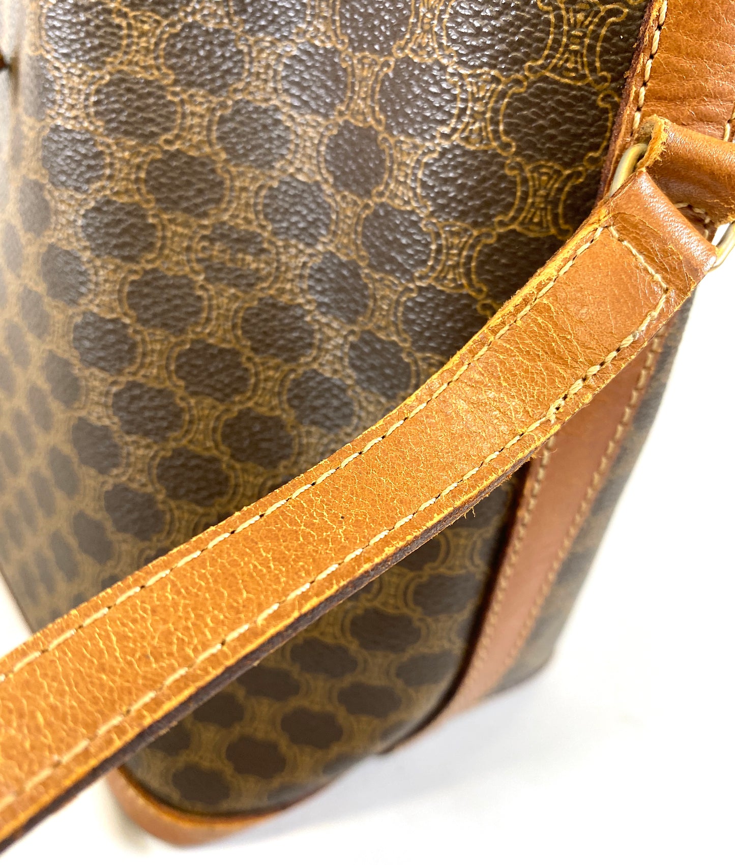CELINE Shoulder Bag Drawstring Macadam Pattern Camel Authentic AA586