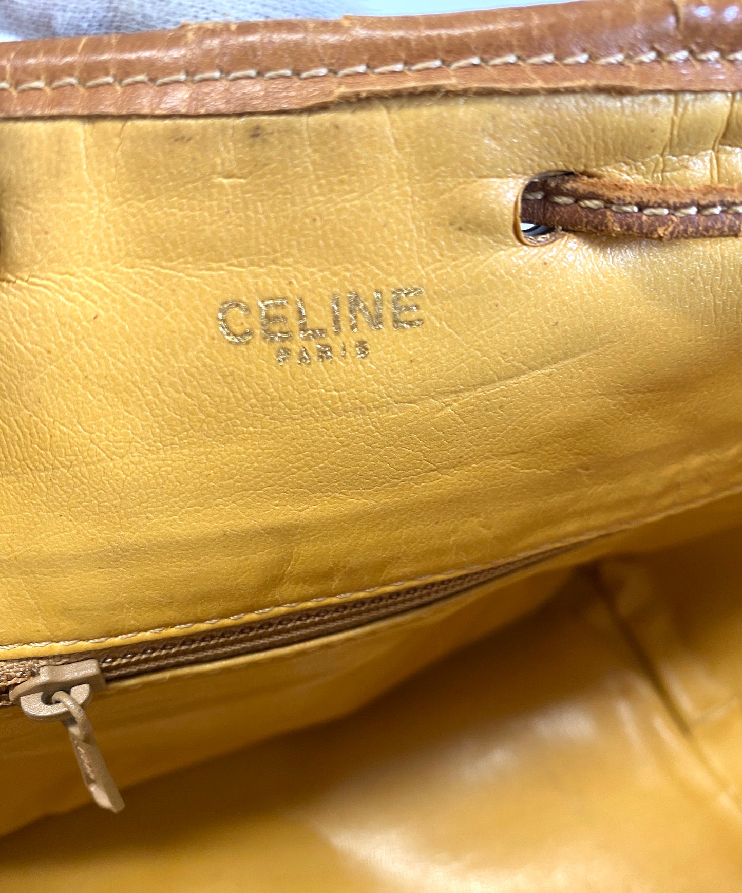 CELINE Shoulder Bag Drawstring Macadam Pattern Camel Authentic AA586