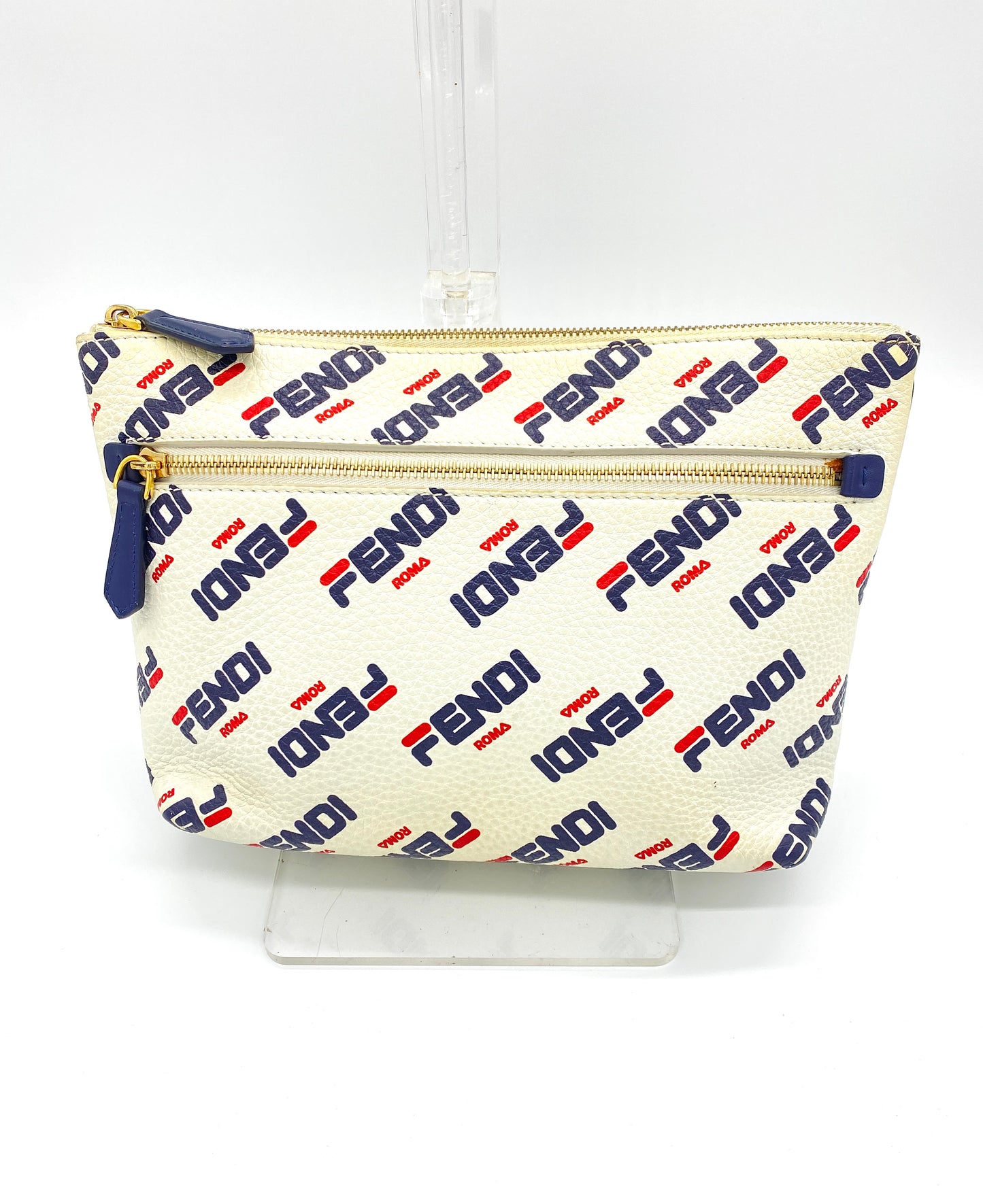 FENDI Clutch Bag Fendi x Fila Collaboration White Leather Authentic AA638