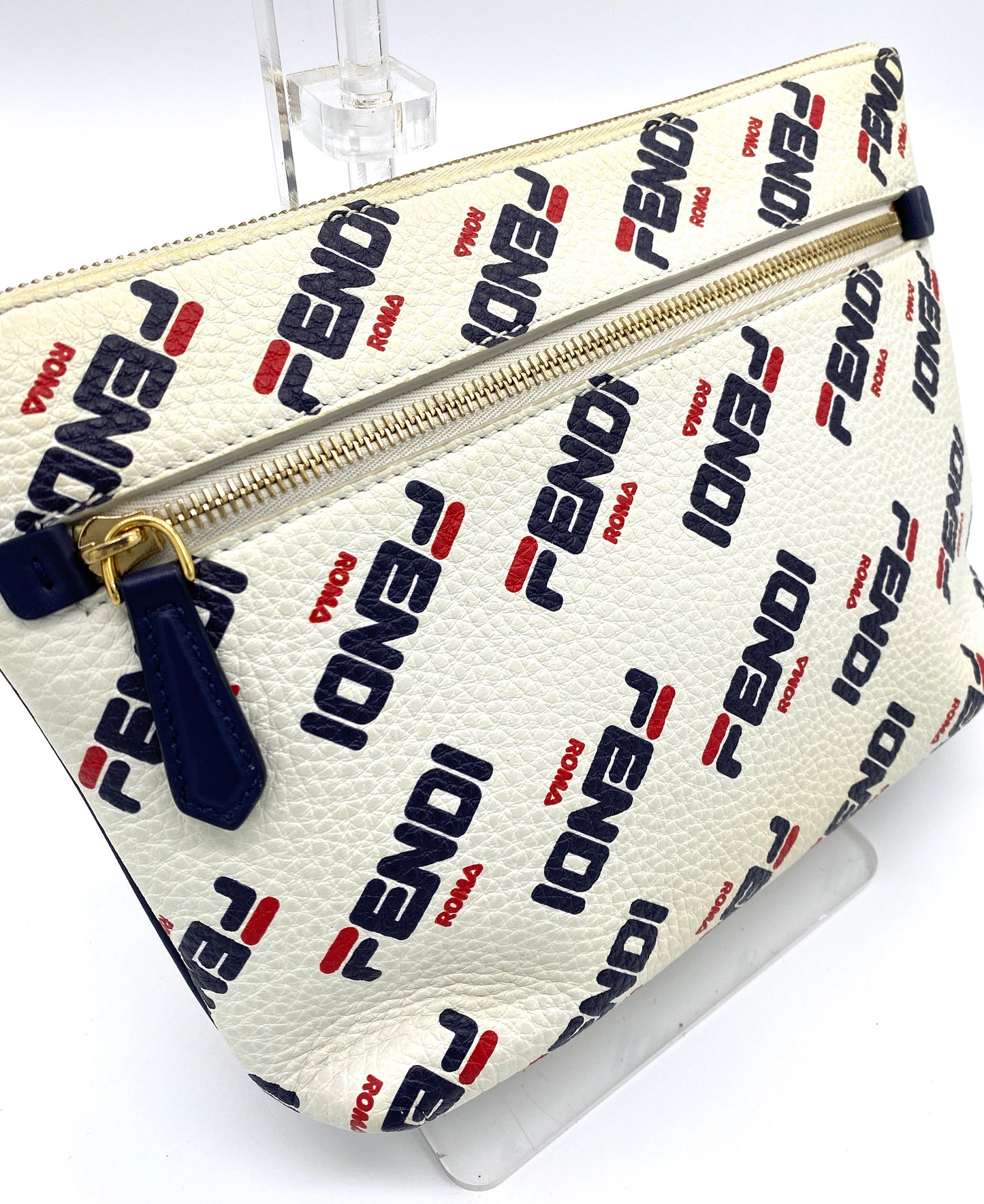 FENDI Clutch Bag Fendi x Fila Collaboration White Leather Authentic AA638
