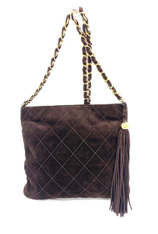 CHANEL Matelasse Chain Shoulder Bag Suede Leather Brown Authentic AA685