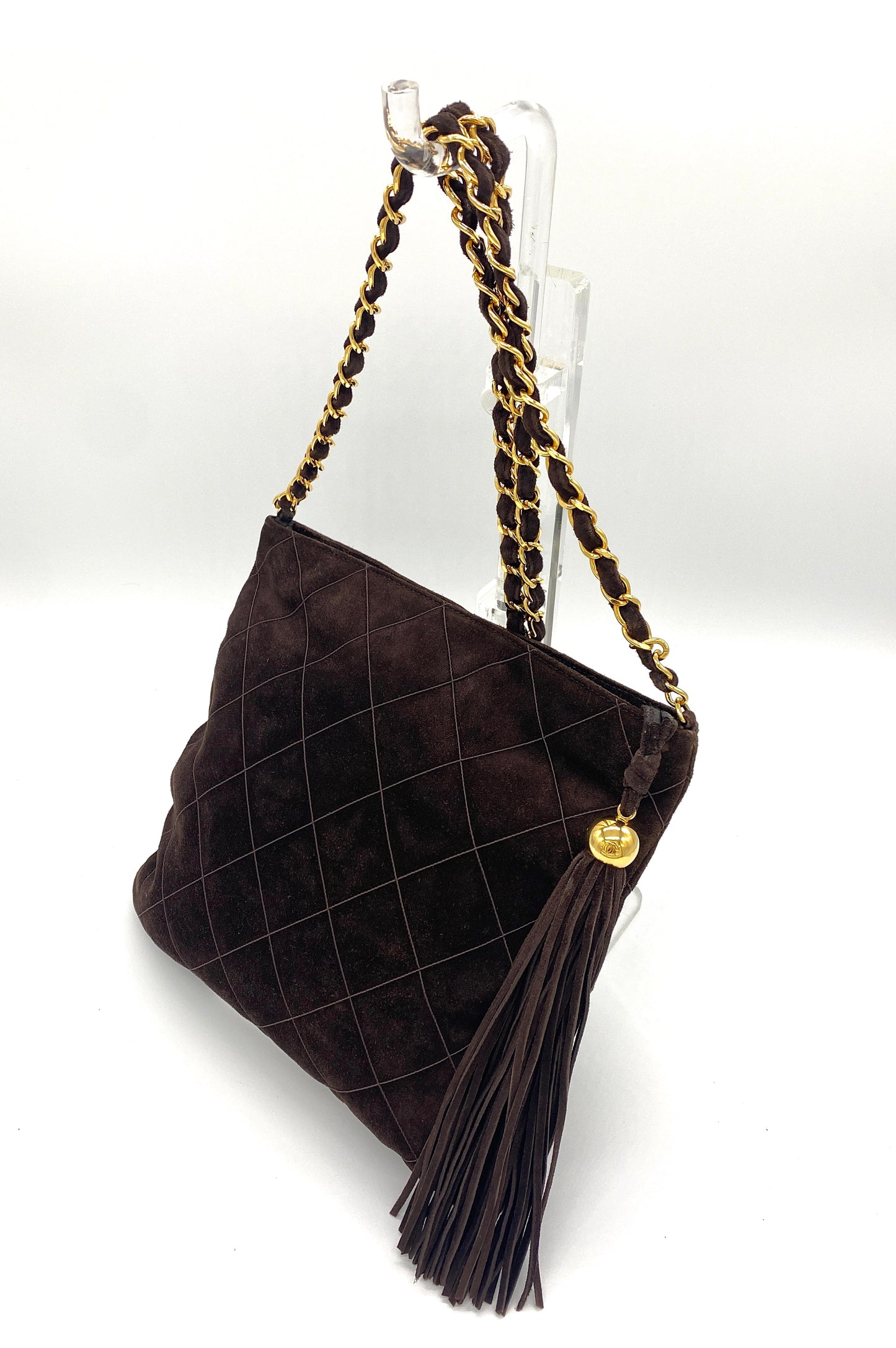 CHANEL Matelasse Chain Shoulder Bag Suede Leather Brown Authentic AA685