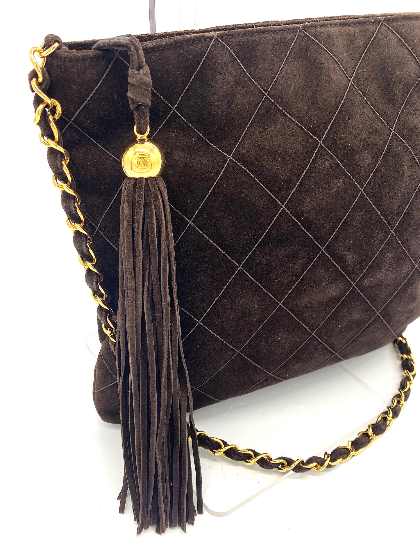 CHANEL Matelasse Chain Shoulder Bag Suede Leather Brown Authentic AA685
