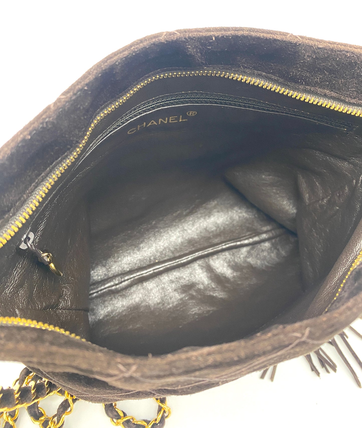 CHANEL Matelasse Chain Shoulder Bag Suede Leather Brown Authentic AA685