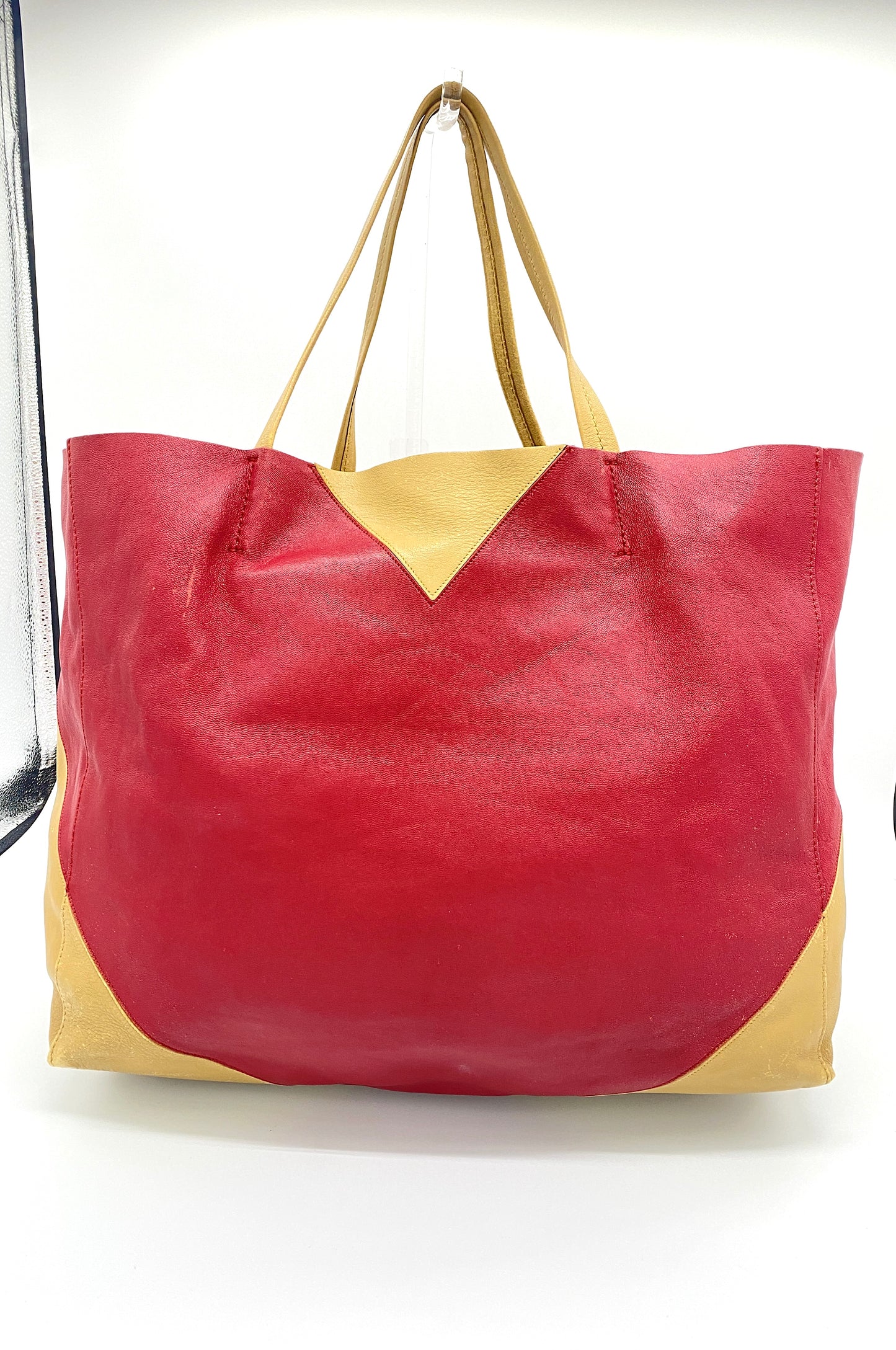 CELINE Horizontal Cabas Bicolor Red and Beige Leather Tote Bag Authentic AA692