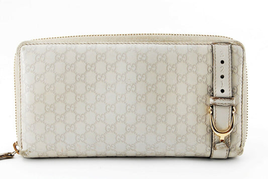 【Rank B】Auth Gucci Round Zipper Sima Leather Ivory from Japan R53