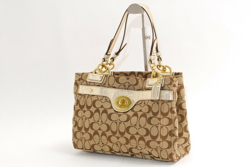 【Rank SA】Authentic Coach Handbag Canvas Beige x Brown x Gold Unu From Japan A498