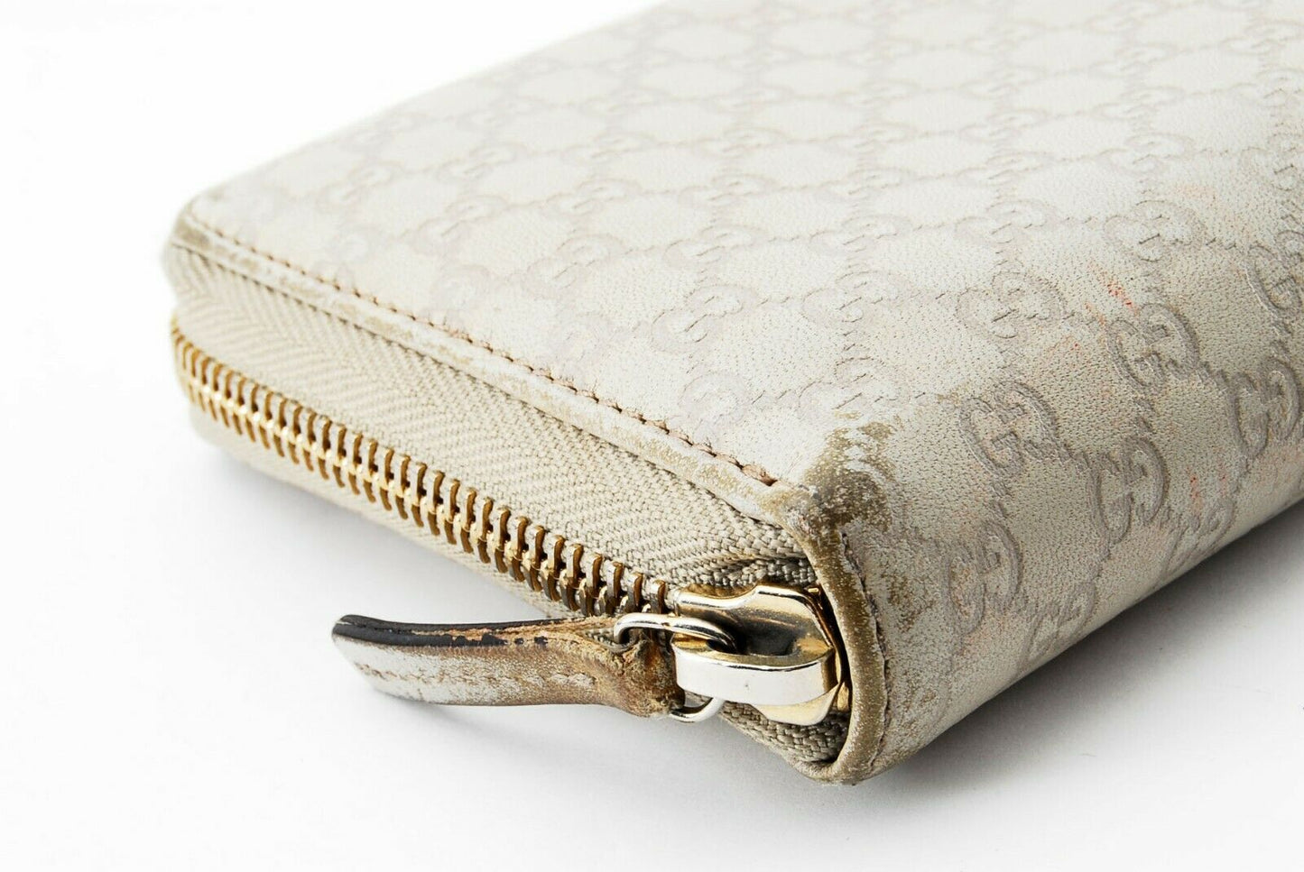 【Rank B】Auth Gucci Round Zipper Sima Leather Ivory from Japan R53