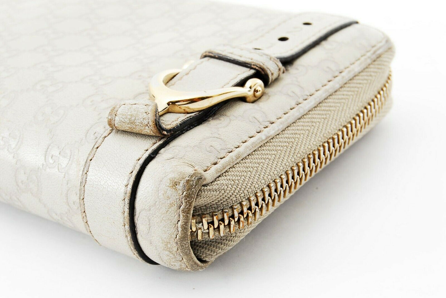 【Rank B】Auth Gucci Round Zipper Sima Leather Ivory from Japan R53