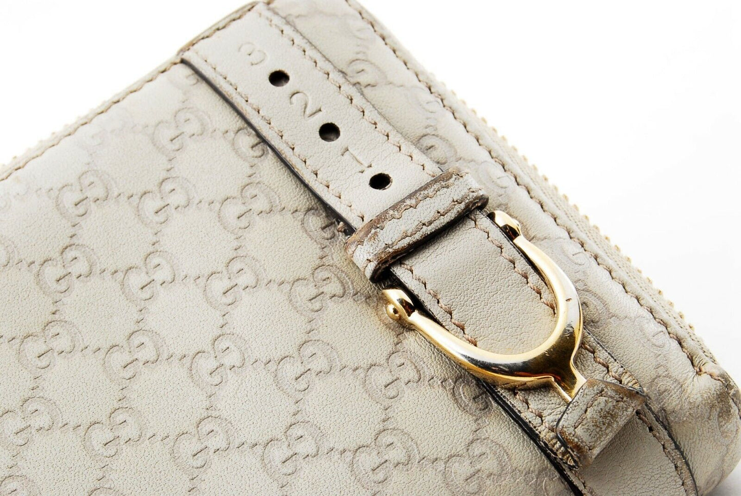 【Rank B】Auth Gucci Round Zipper Sima Leather Ivory from Japan R53