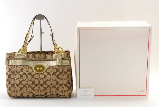 【Rank SA】Authentic Coach Handbag Canvas Beige x Brown x Gold Unu From Japan A498