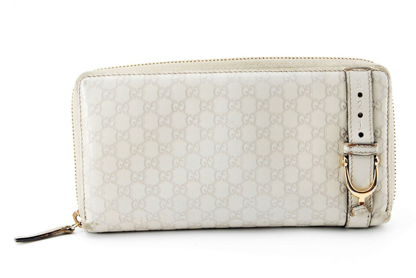 【Rank B】Auth Gucci Round Zipper Sima Leather Ivory from Japan R53